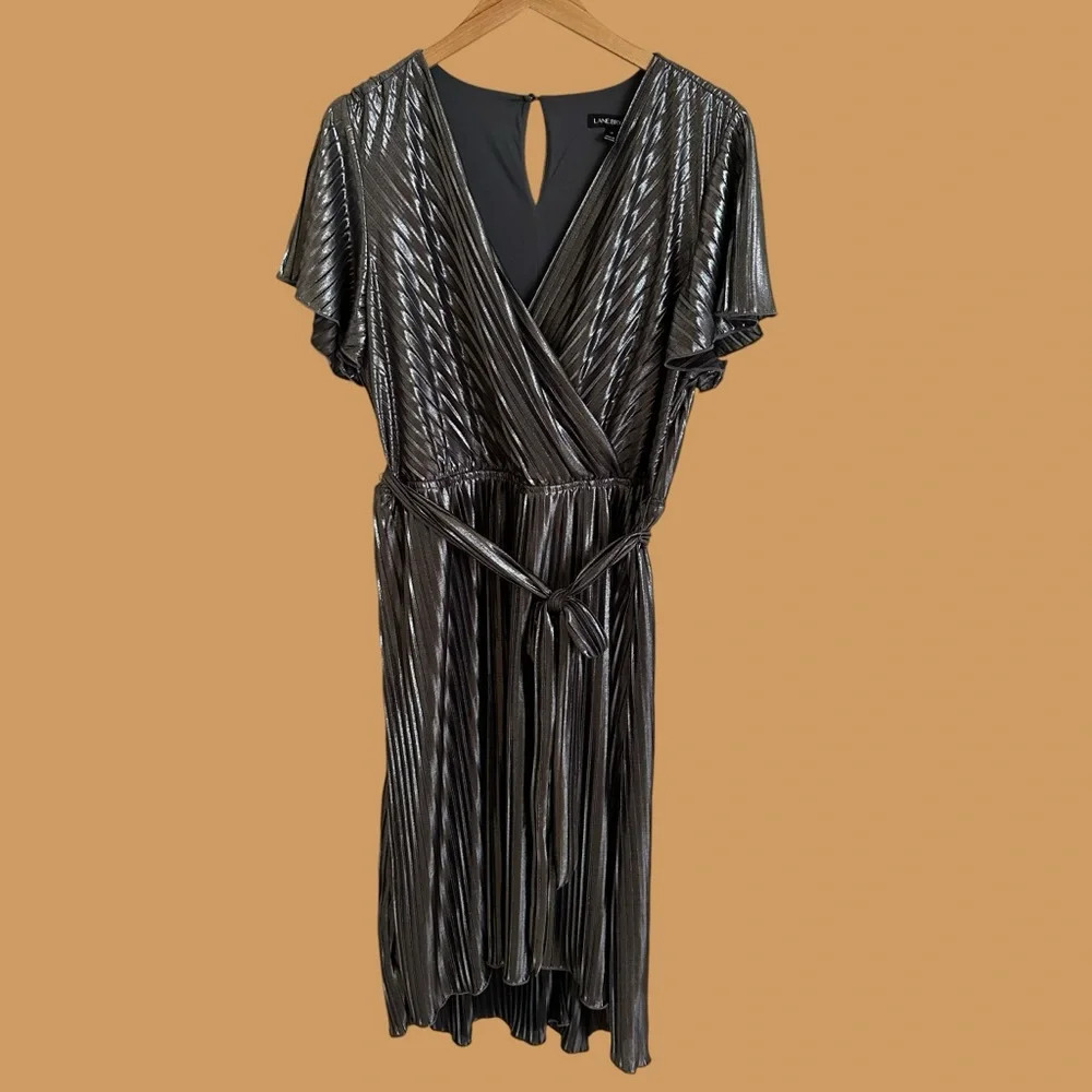 Lane Bryant size 18 Silver Metallic Pleated Crossover Dress High Low Lined Party